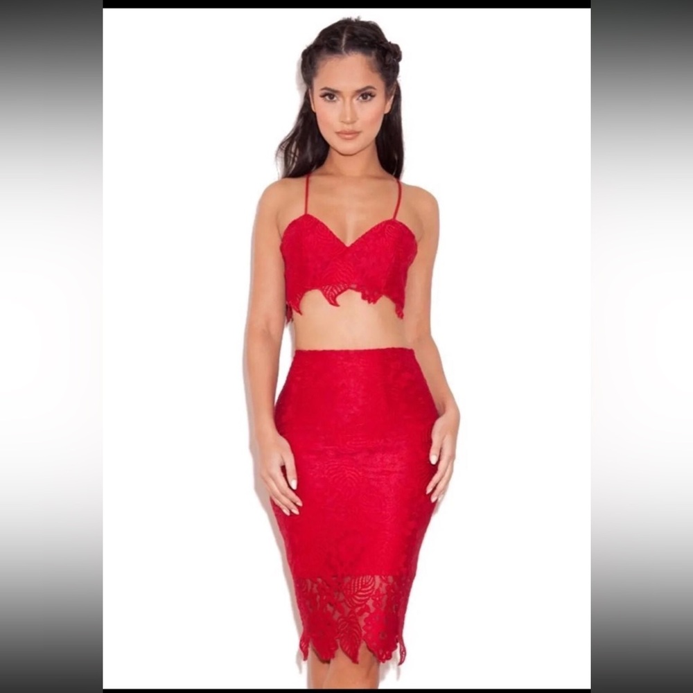 House Of Cb London Fiore Red Lace Set